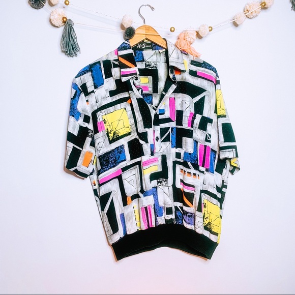 VINTAGE streetwear purple silk geometric polo - Picture 3 of 10